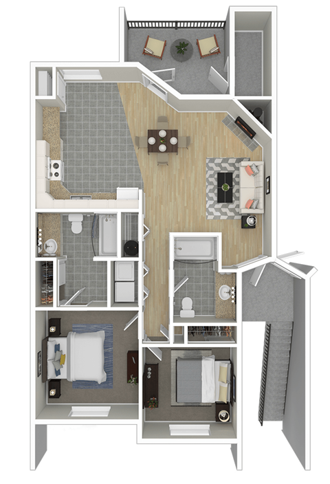 Floor plan for 2 beds, 2 baths, 981 sqft